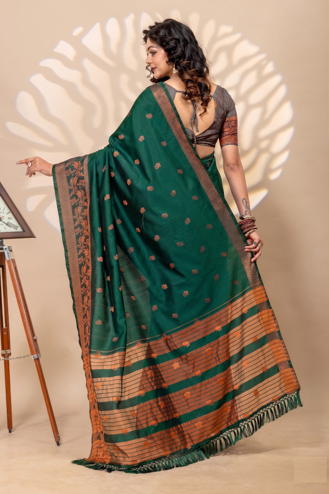 Premium Litchi Kota Silk Saree – Bottle Green Zari Woven Traditional Saree with Blouse
