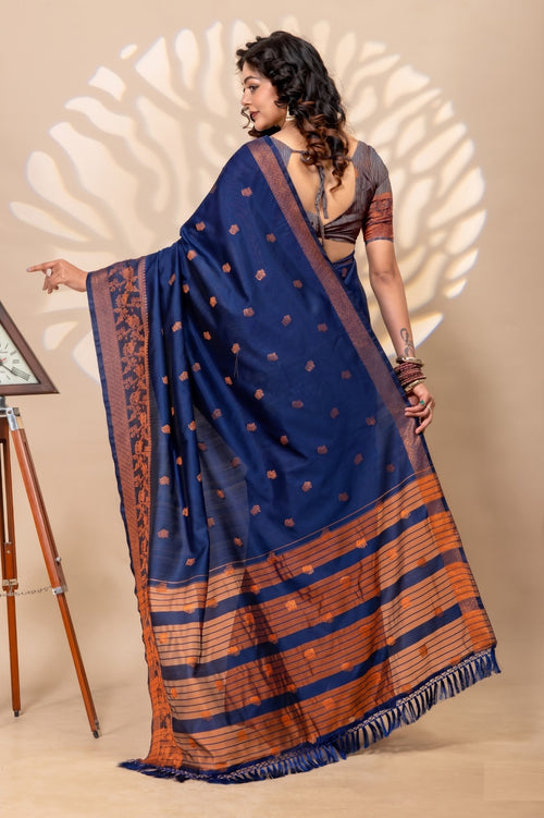 Navy Blue Litchi Kota Saree with Elegant Zari Border